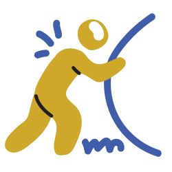 A graphic icon of a man pushing a boulder